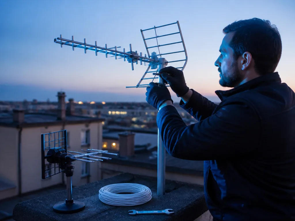 Antenne TNT extérieure fixée sur un toit face au paysage